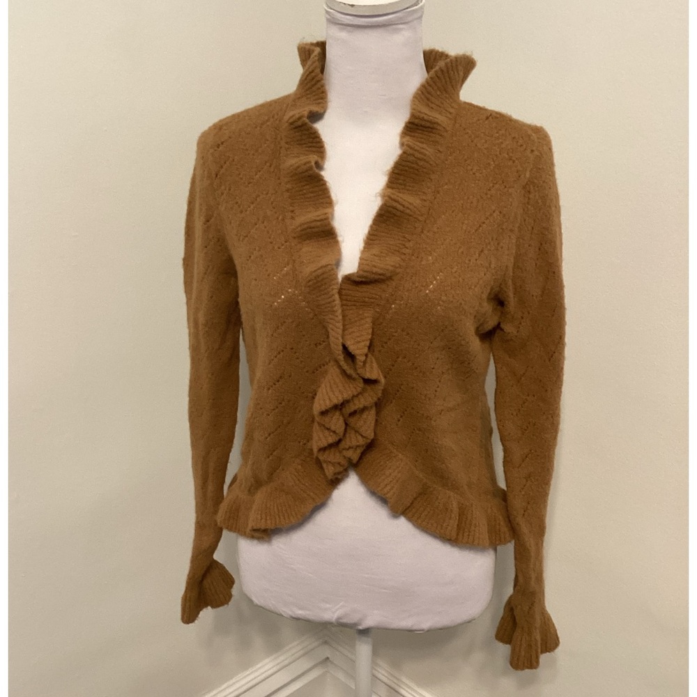 The Great American Sweater Company Cute Cognac Brown Ruffled LS Cardigan Size M